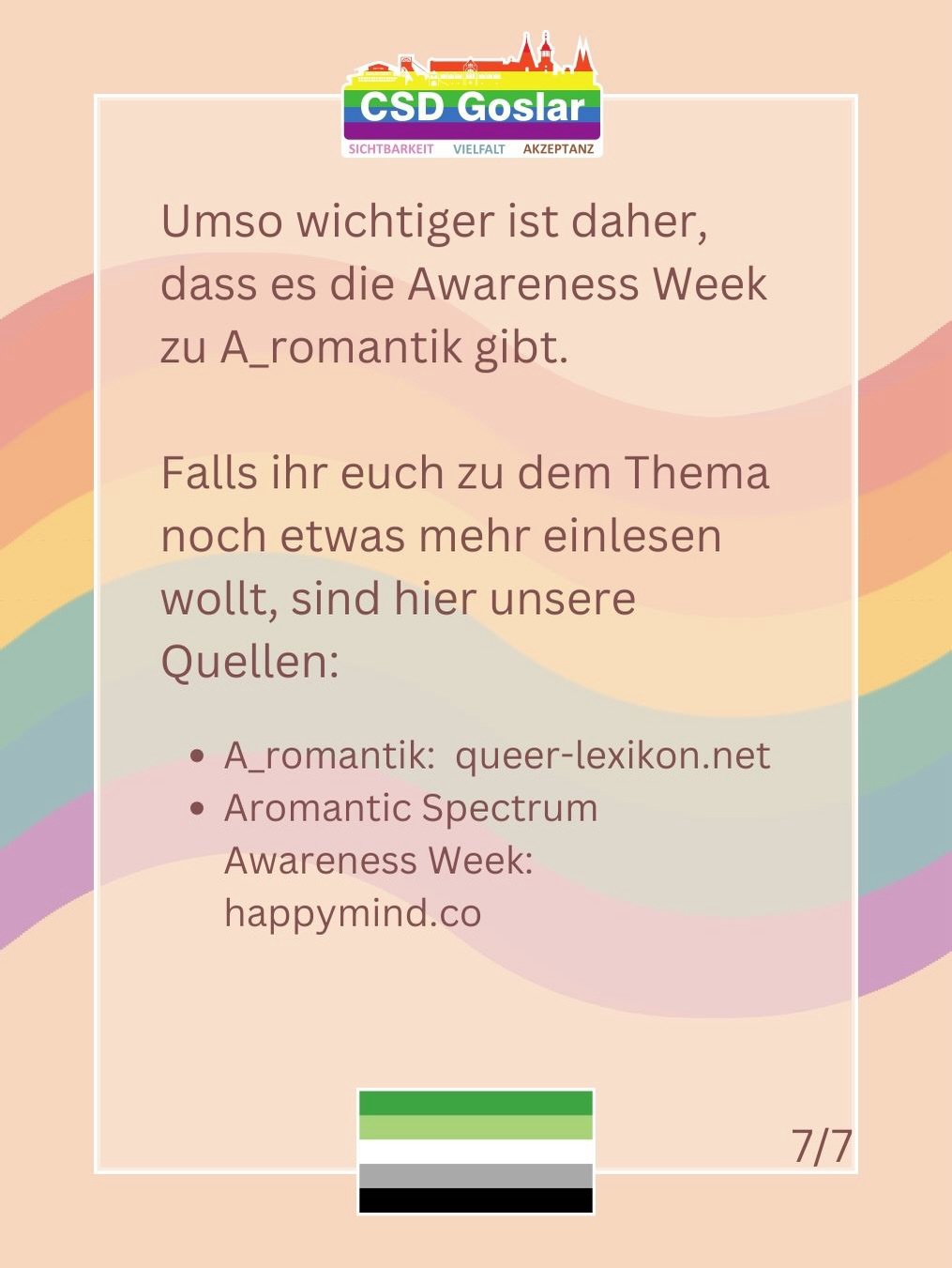 Abschlussfolie: Warum es wichtig ist, die Awareness Week zu A_romantik zu haben. Verweis auf Quellen (queer-lexikon.net und happymind.co). Gestaltung im gleichen Pastellstil mit Aro-Flagge.