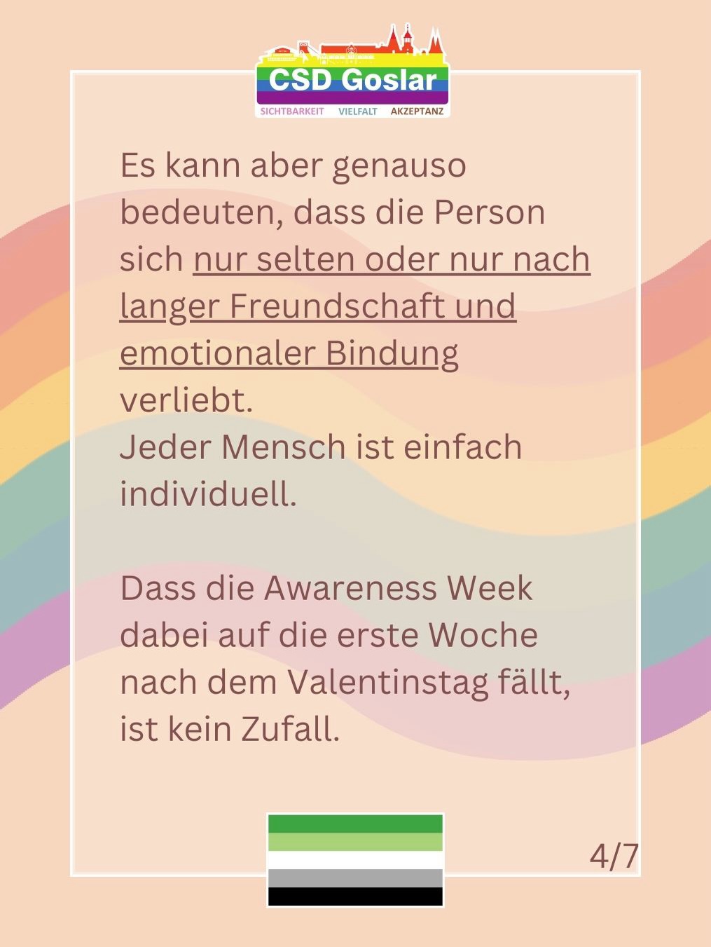Hinweis, dass A_romantik auch bedeuten kann, sich nur selten oder erst nach langer Freundschaft und emotionaler Bindung zu verlieben. Die Platzierung nach dem Valentinstag ist kein Zufall.