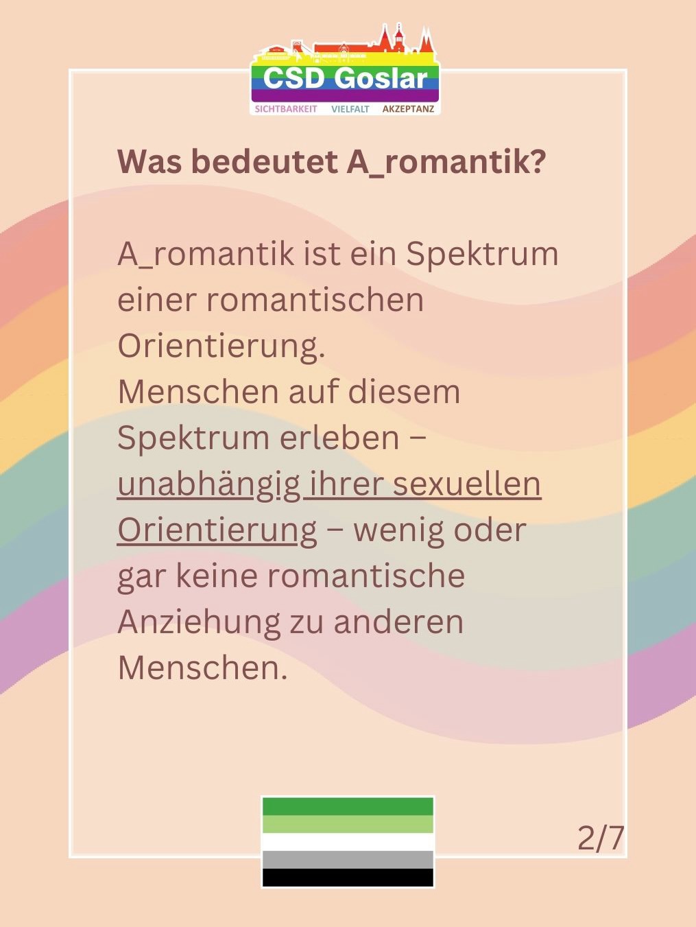 Definition von A_romantik: romantische Orientierung als Spektrum. Menschen auf diesem Spektrum empfinden – unabhängig von ihrer sexuellen Orientierung – wenig oder keine romantische Anziehung zu anderen.